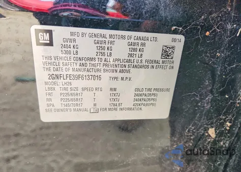 2015 Chevrolet Equinox Lt z USA, uszkodzony, nr VIN 2GNFLFE39F6137016